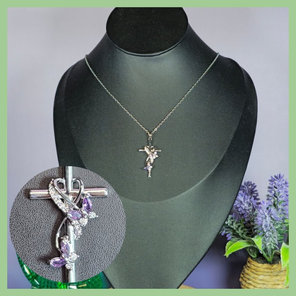 Silver‎ Cross Necklace With Purple Butterflies (NWOT)